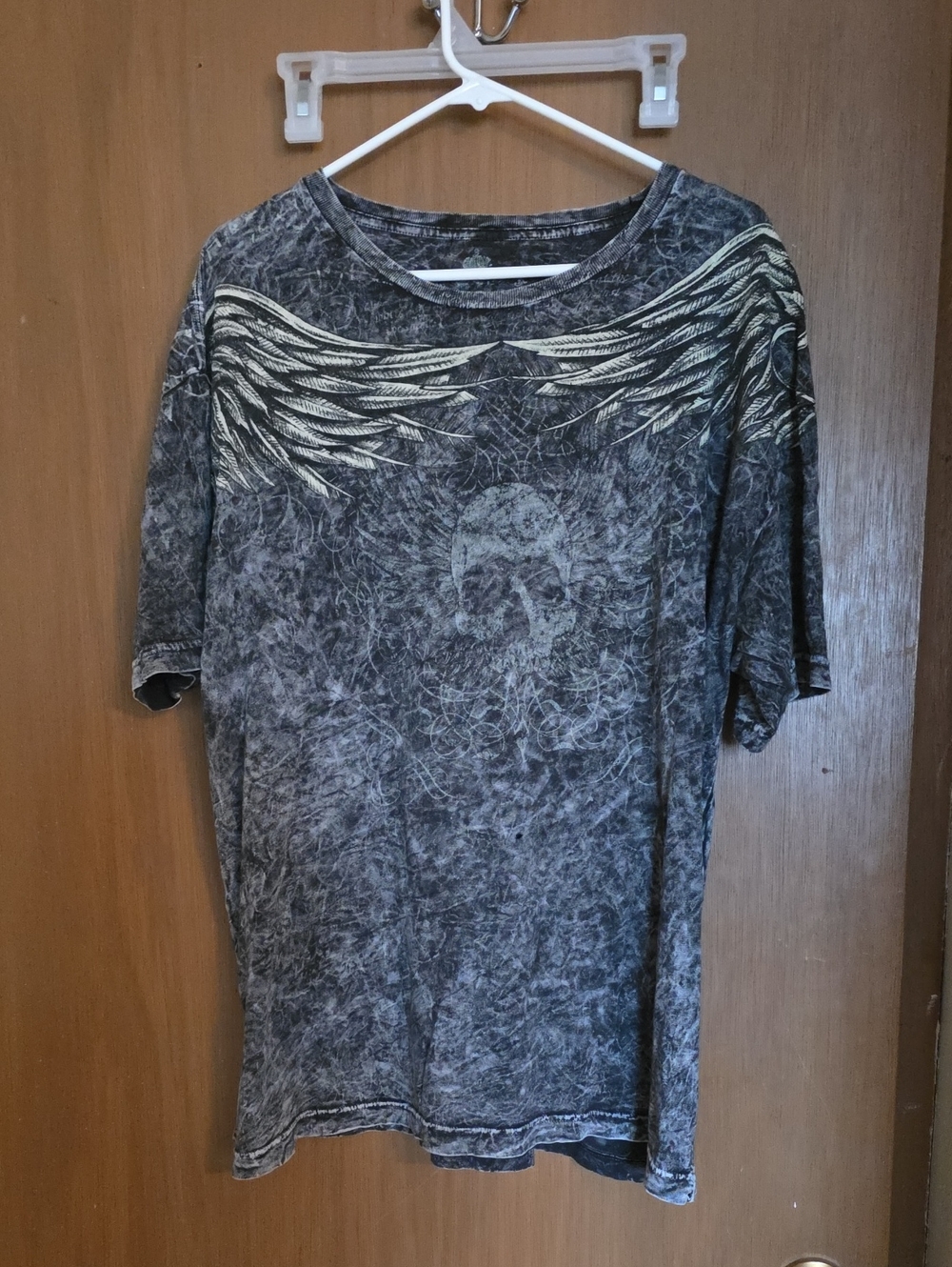 Helix Black Acid-Wash Skull T-Shirt with Wing Graphic
